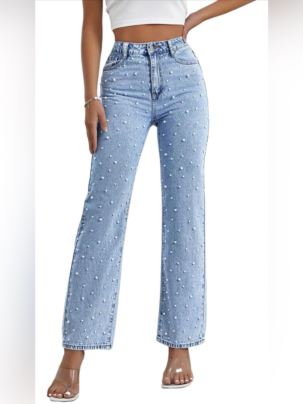 Kedera Light Blue Pearl-Embellished High-Rise Jeans - Size Small
